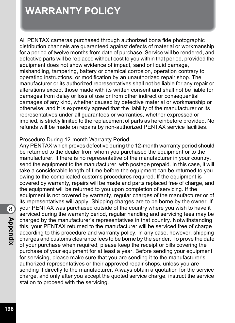 Warranty policy | Pentax Optio S10 User Manual | Page 200 / 208