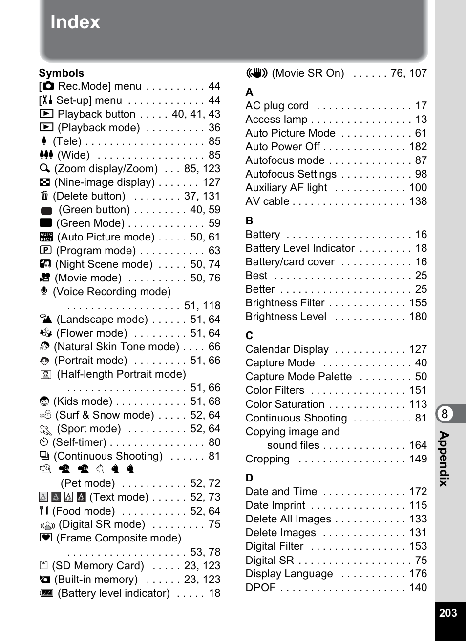 Index | Pentax Optio S10 User Manual | Page 205 / 208
