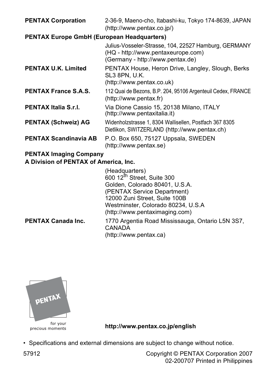 Pentax Optio S10 User Manual | Page 208 / 208