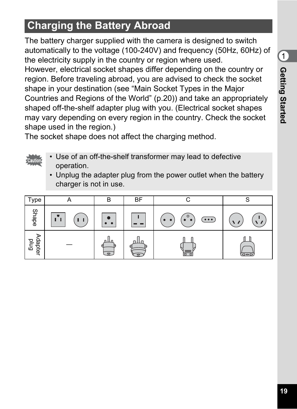 Charging the battery abroad | Pentax Optio S10 User Manual | Page 21 / 208