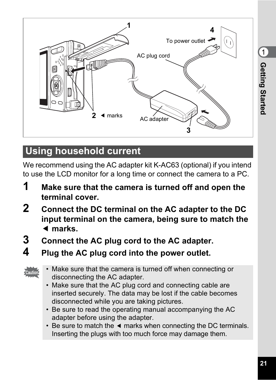 Using household current | Pentax Optio S10 User Manual | Page 23 / 208