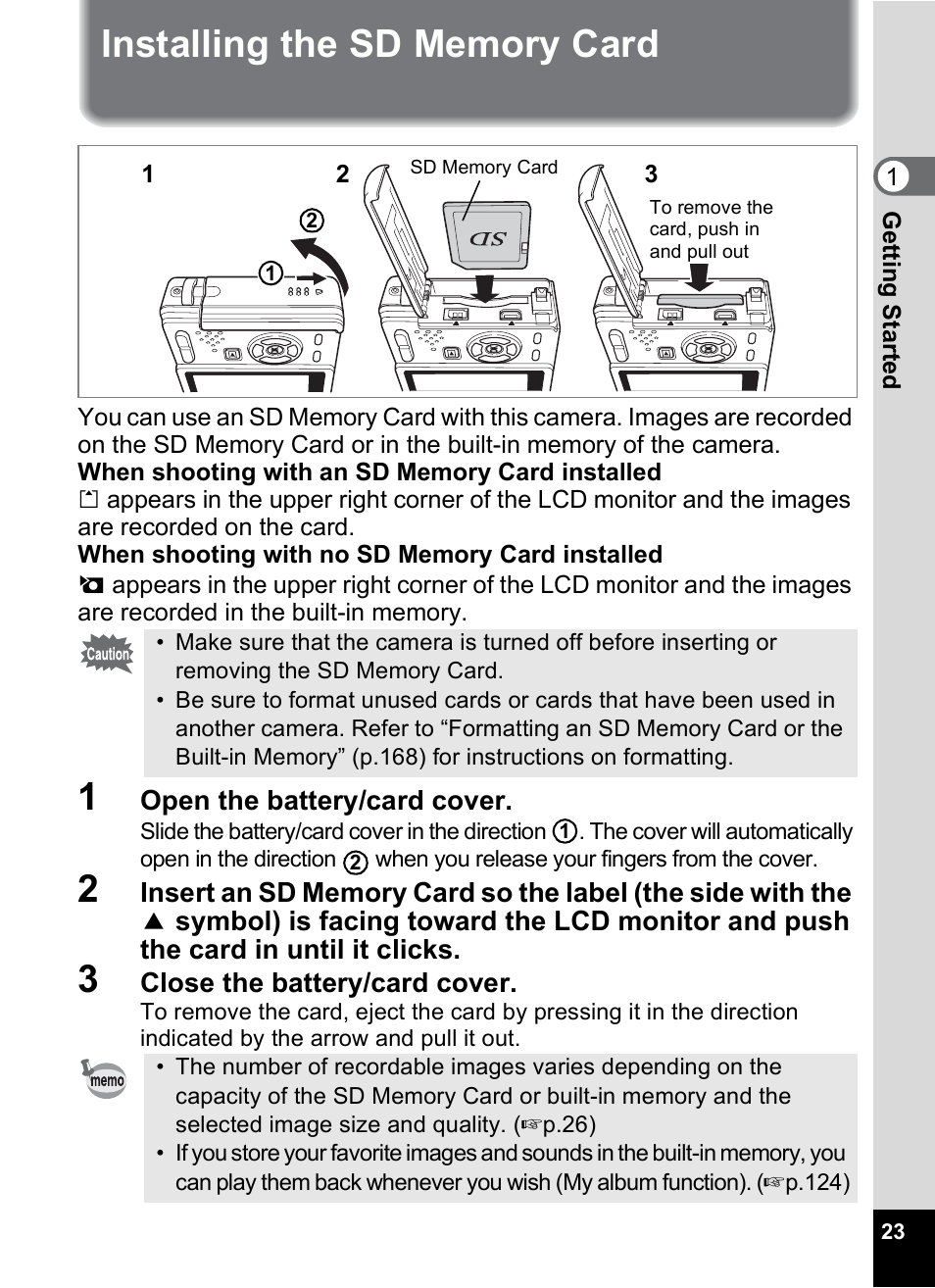 Installing the sd memory card, P.23 | Pentax Optio S10 User Manual | Page 25 / 208