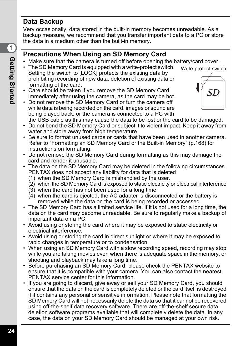 Gettin g sta rte d 1 data backup | Pentax Optio S10 User Manual | Page 26 / 208