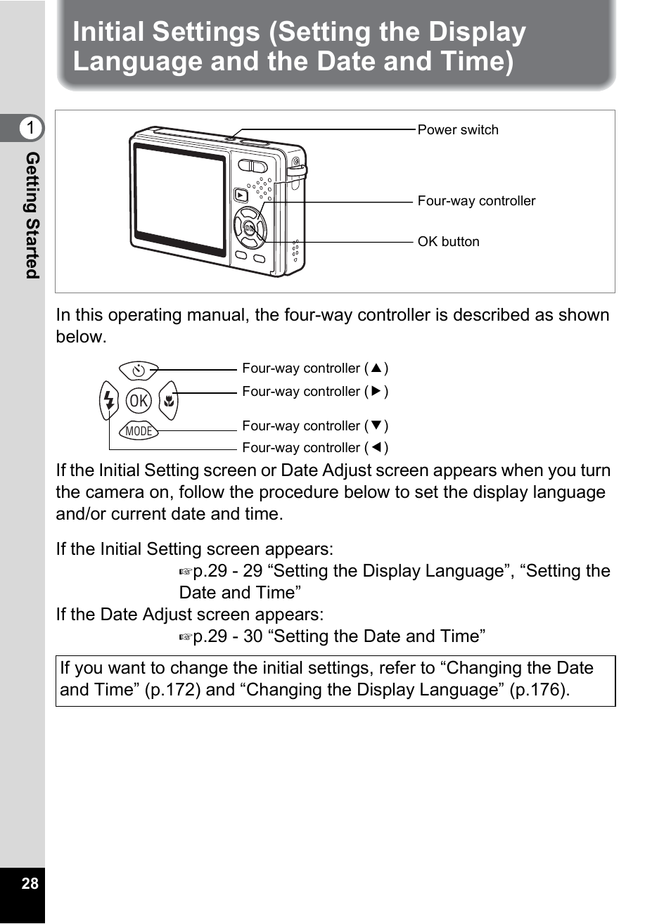 Initial settings (setting the display language, And the date and time), P.28 | Pentax Optio S10 User Manual | Page 30 / 208