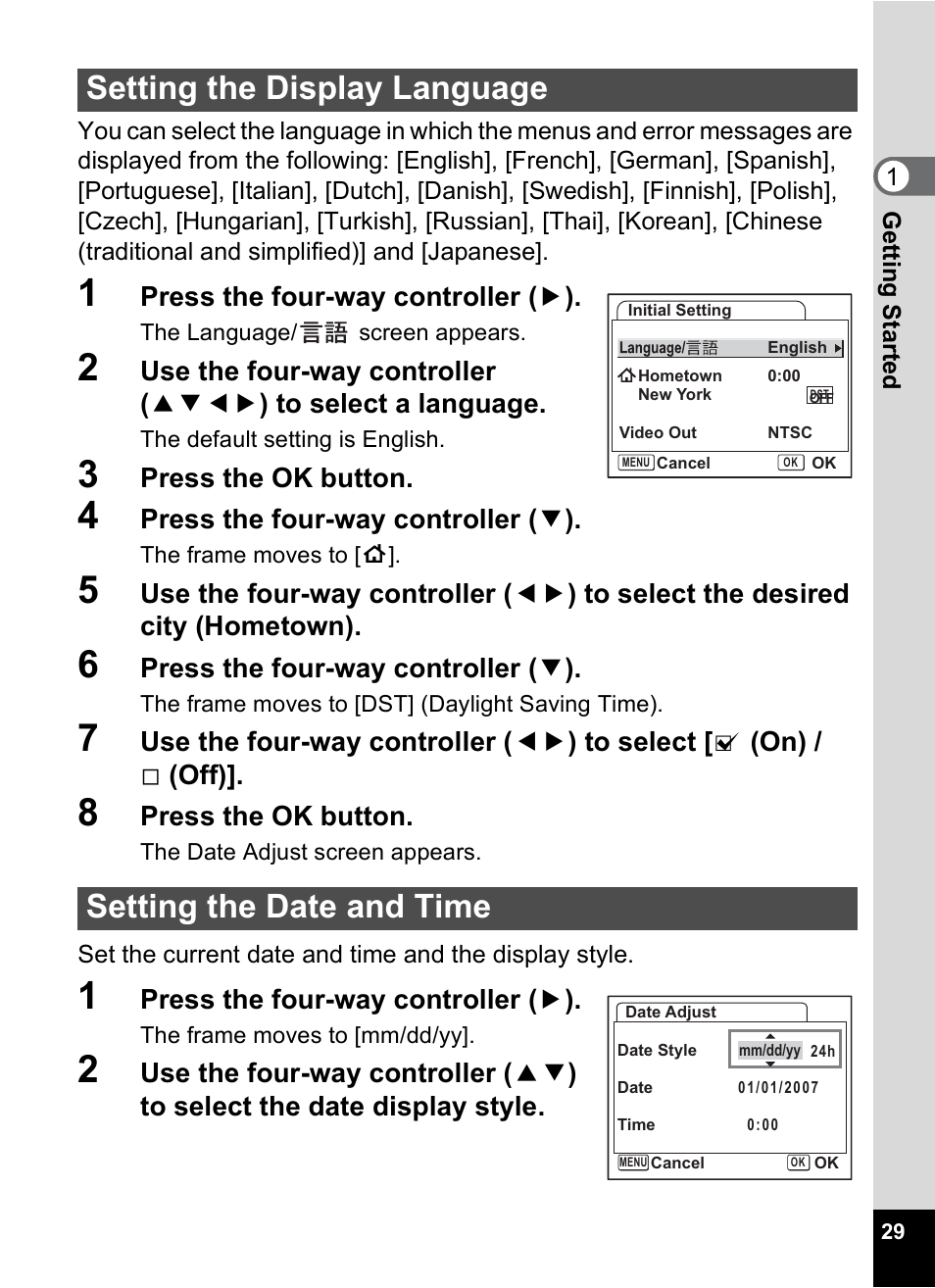 Setting the display language, Setting the date and time, Date and time | P.29 | Pentax Optio S10 User Manual | Page 31 / 208