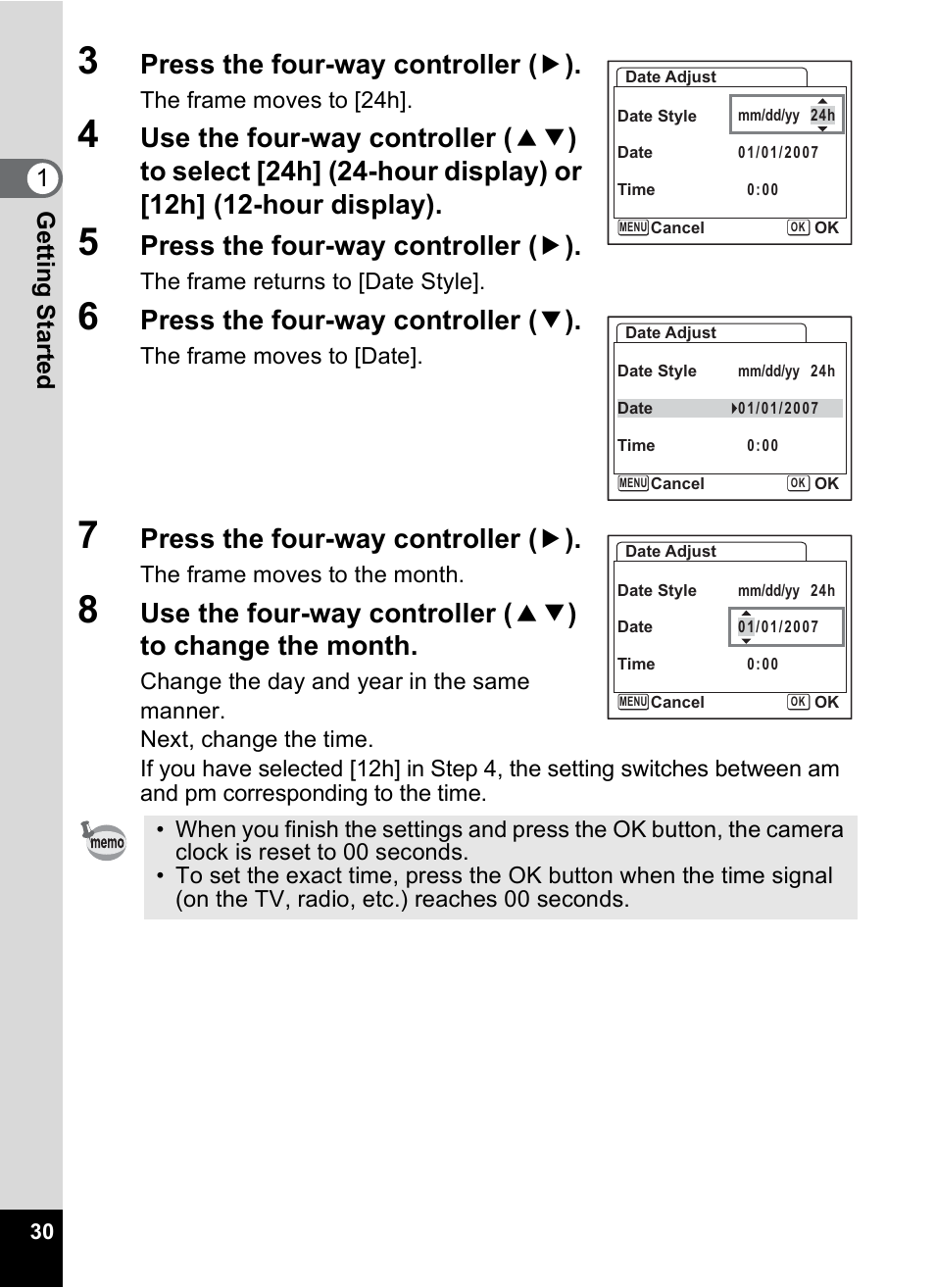 Press the four-way controller ( 5 ), Press the four-way controller ( 3 ), Gettin g sta rte d 1 | Pentax Optio S10 User Manual | Page 32 / 208