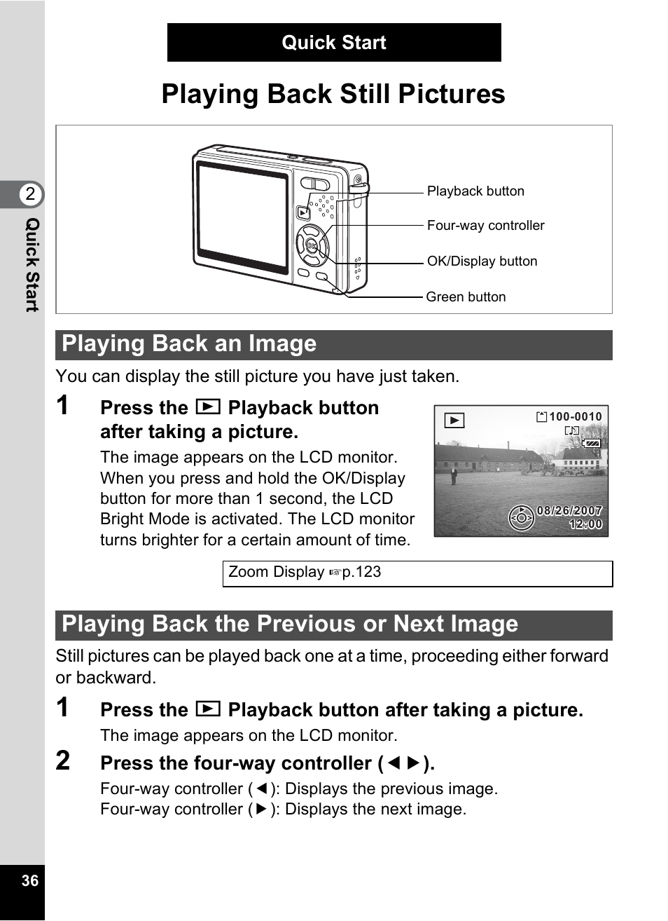 Playing back still pictures, Playing back an image, Playing back the previous or next image | P.36 | Pentax Optio S10 User Manual | Page 38 / 208