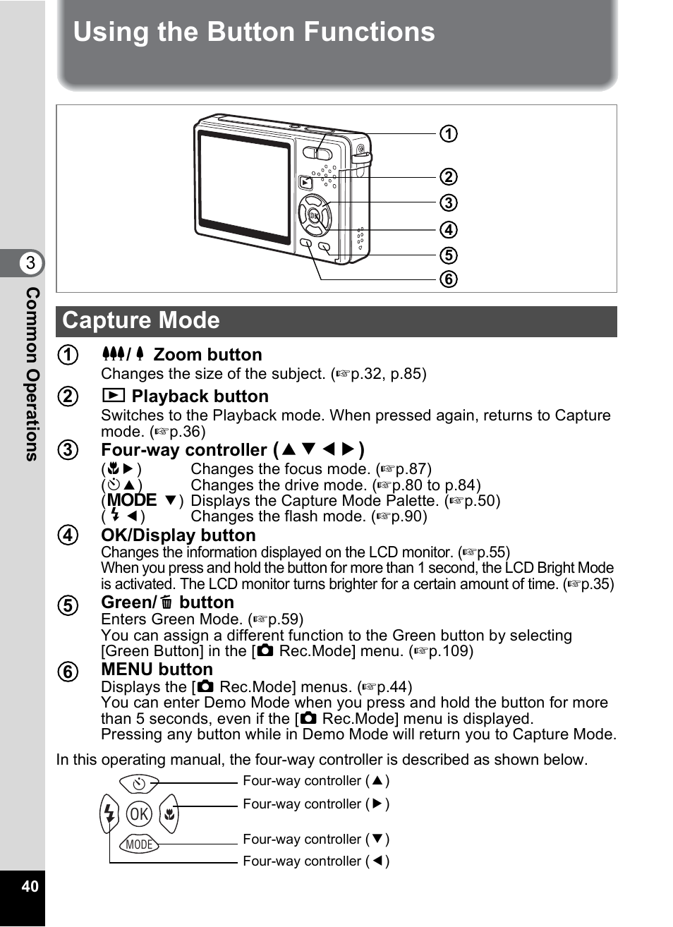 Using the button functions, Capture mode | Pentax Optio S10 User Manual | Page 42 / 208