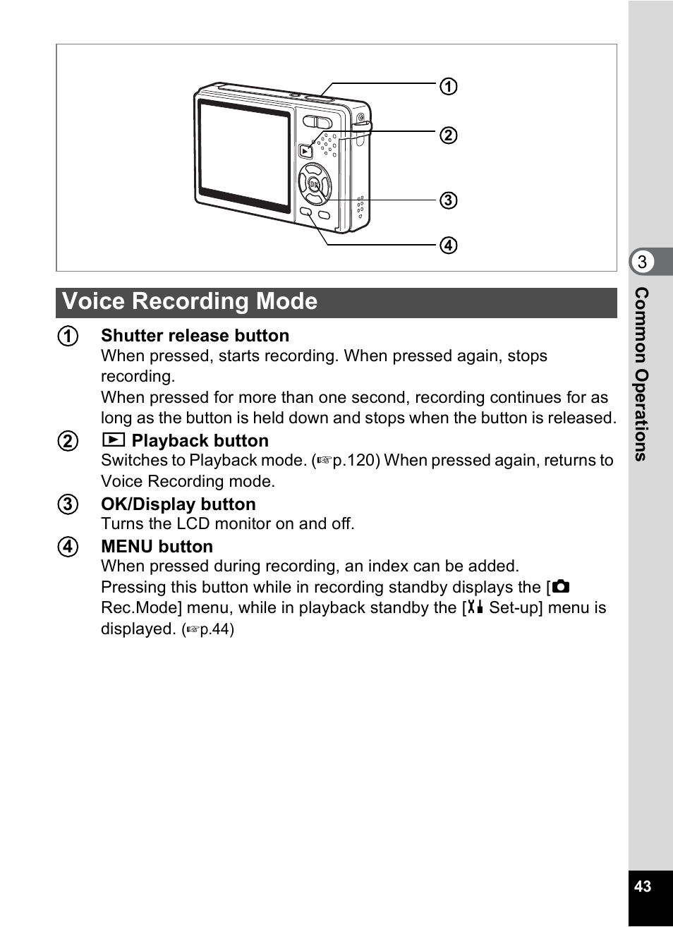 Voice recording mode | Pentax Optio S10 User Manual | Page 45 / 208