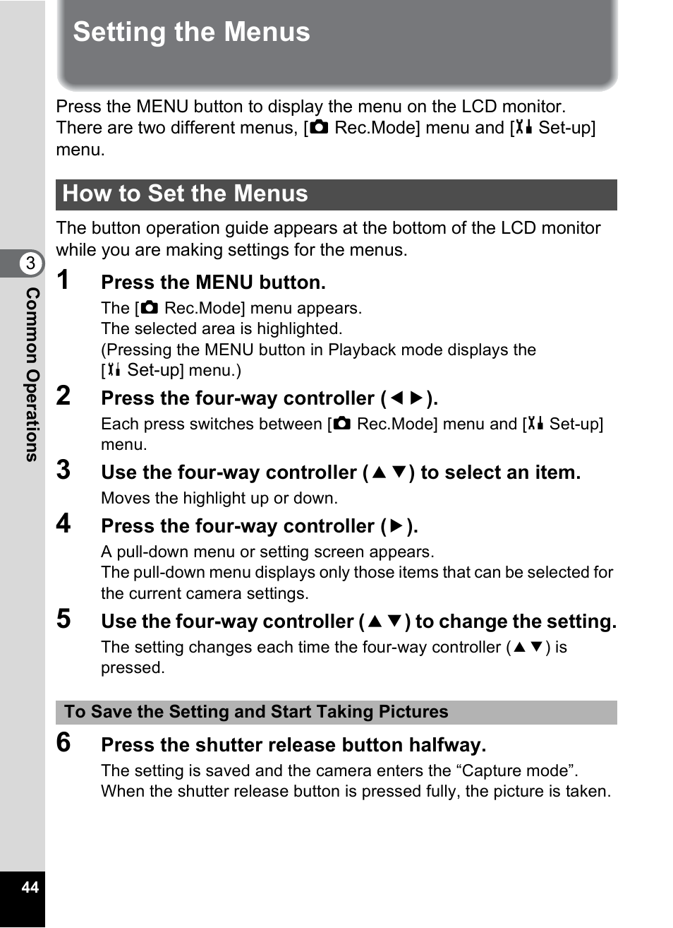 Setting the menus, How to set the menus, P.44 | 1p.44), P.44) | Pentax Optio S10 User Manual | Page 46 / 208