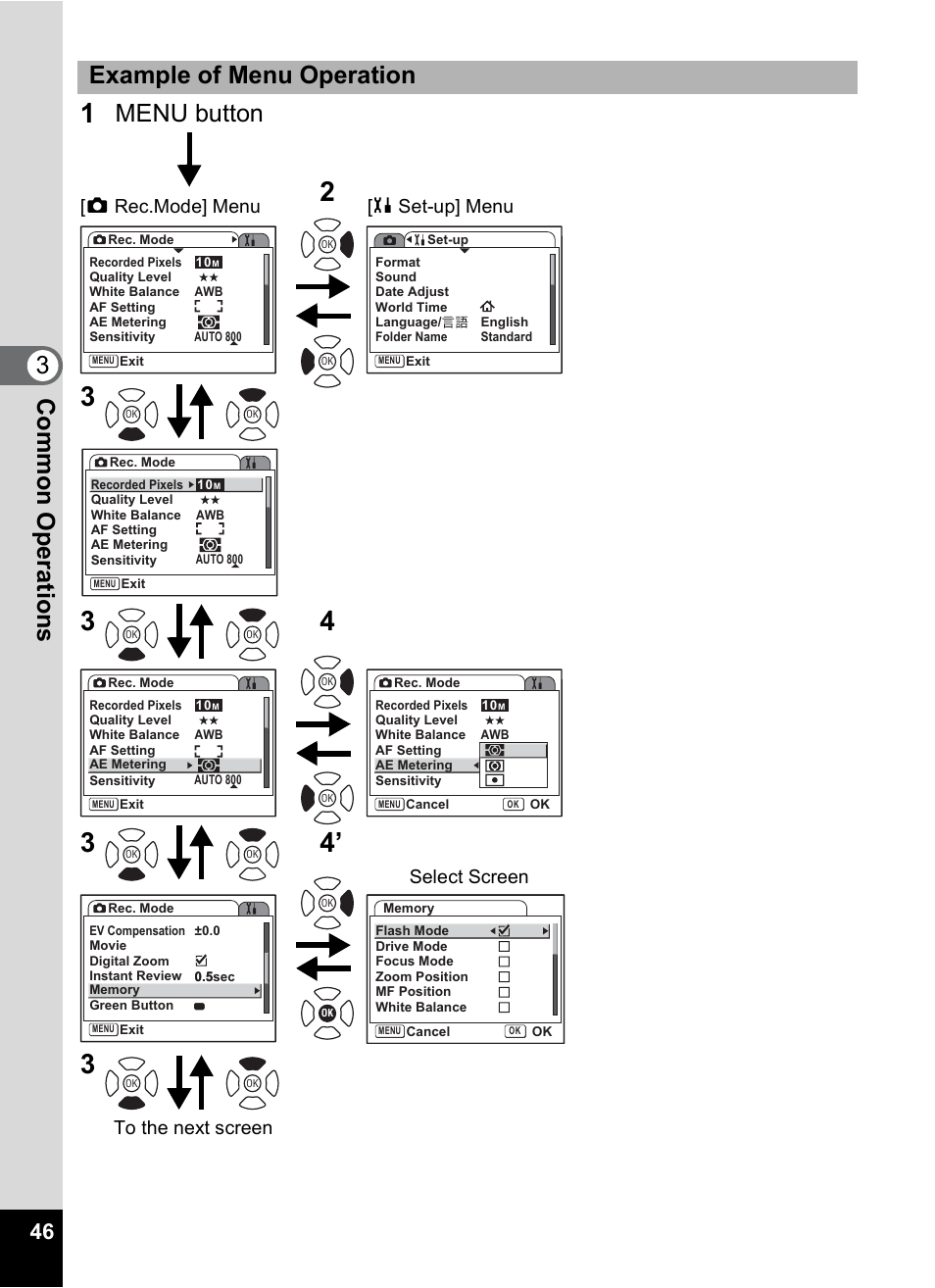 Com m on o p erati ons 3 example of menu operation, Menu button, A rec.mode] menu [h set-up] menu select screen | Pentax Optio S10 User Manual | Page 48 / 208