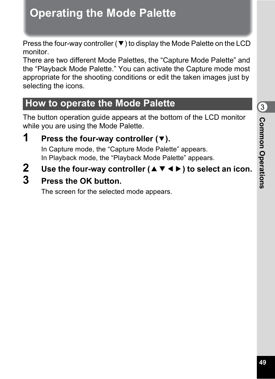 Operating the mode palette, How to operate the mode palette, P.49 | Pentax Optio S10 User Manual | Page 51 / 208