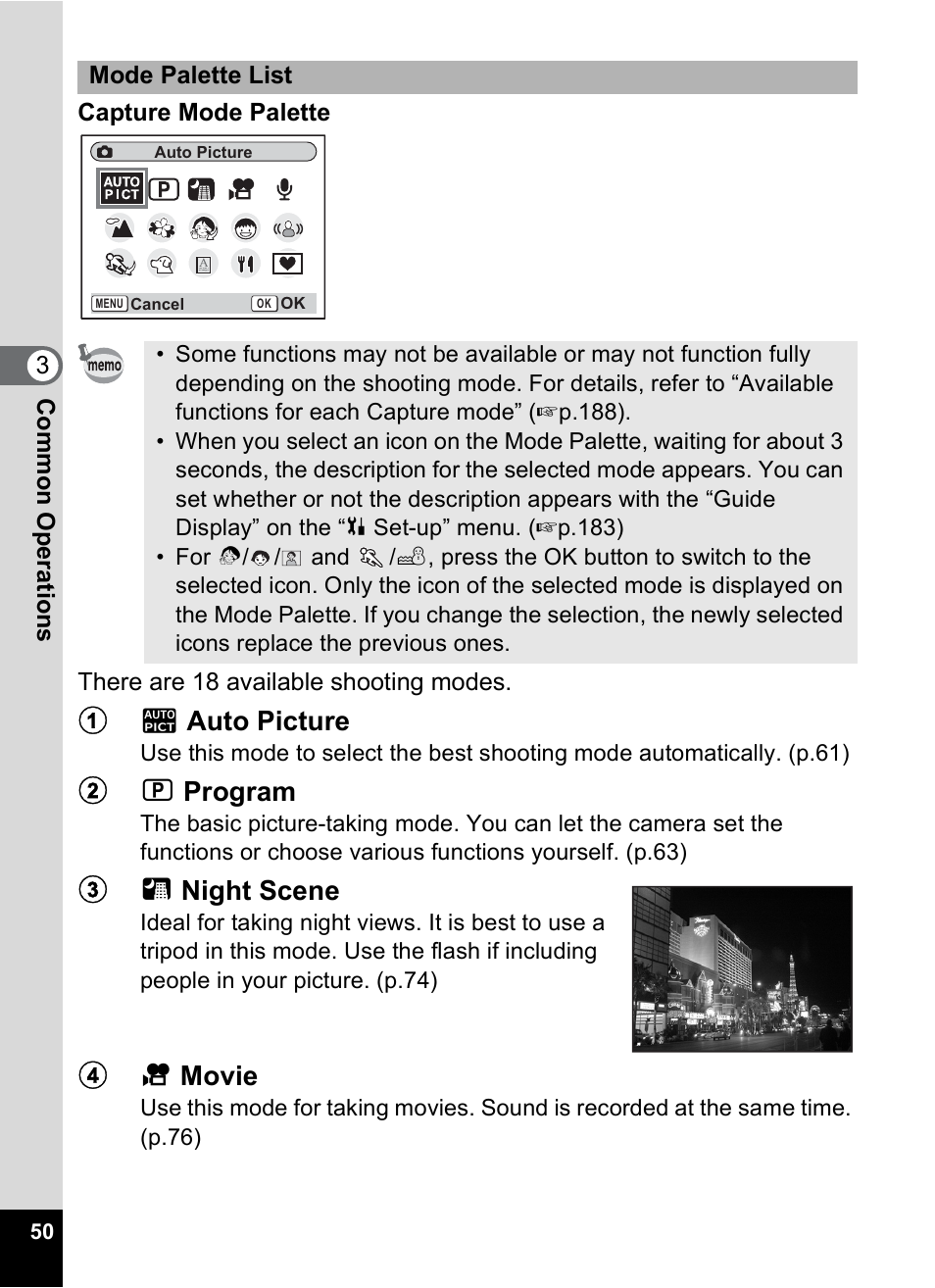 P.50), 1b auto picture, 2r program | 3a night scene, 4c movie | Pentax Optio S10 User Manual | Page 52 / 208