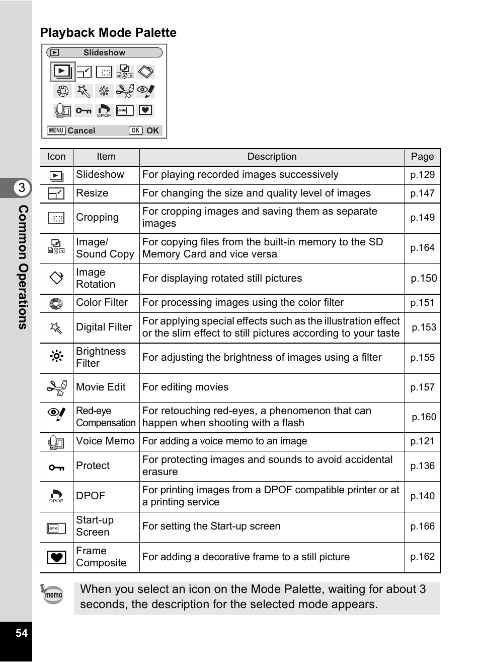 P.54), Com m on o p erati ons 3 playback mode palette | Pentax Optio S10 User Manual | Page 56 / 208