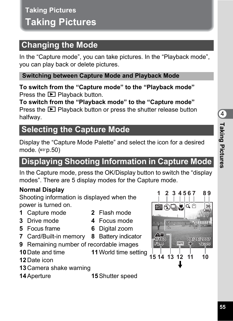 Taking pictures, Changing the mode, Selecting the capture mode | Displaying shooting information in capture mode, P.55), 1p.55) | Pentax Optio S10 User Manual | Page 57 / 208