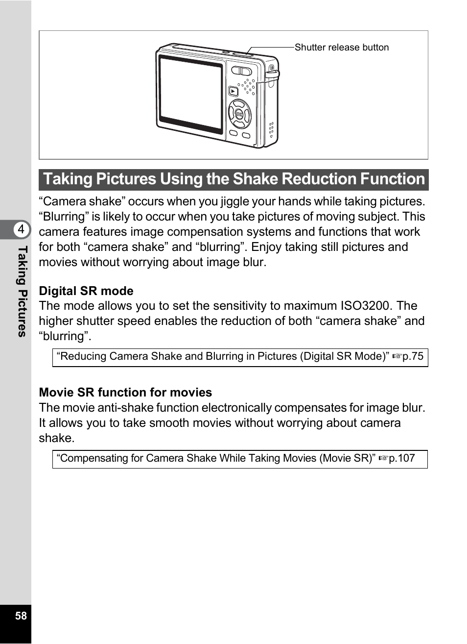 Taking pictures using the shake reduction function, P.58 | Pentax Optio S10 User Manual | Page 60 / 208