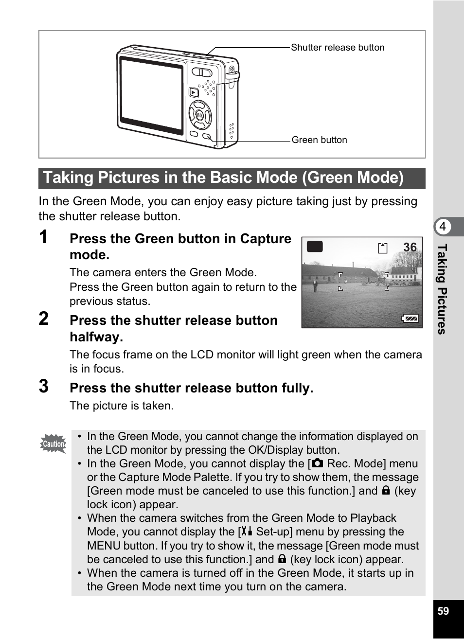 Taking pictures in the basic mode (green mode), P.59, 1p.59) | Pentax Optio S10 User Manual | Page 61 / 208