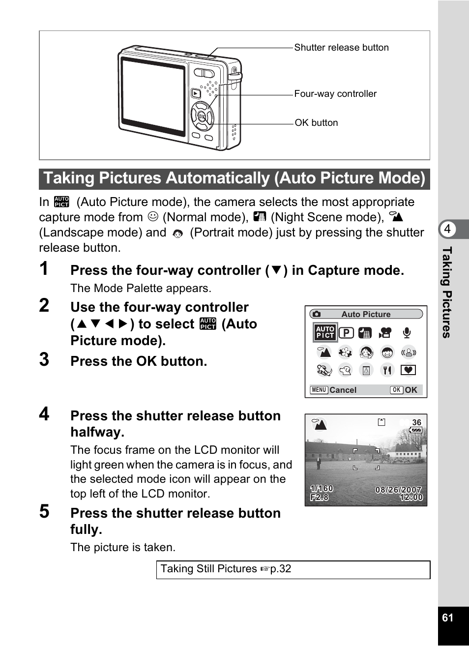 Taking pictures automatically (auto picture mode), P.61), Press the ok button | Press the shutter release button halfway, Press the shutter release button fully | Pentax Optio S10 User Manual | Page 63 / 208