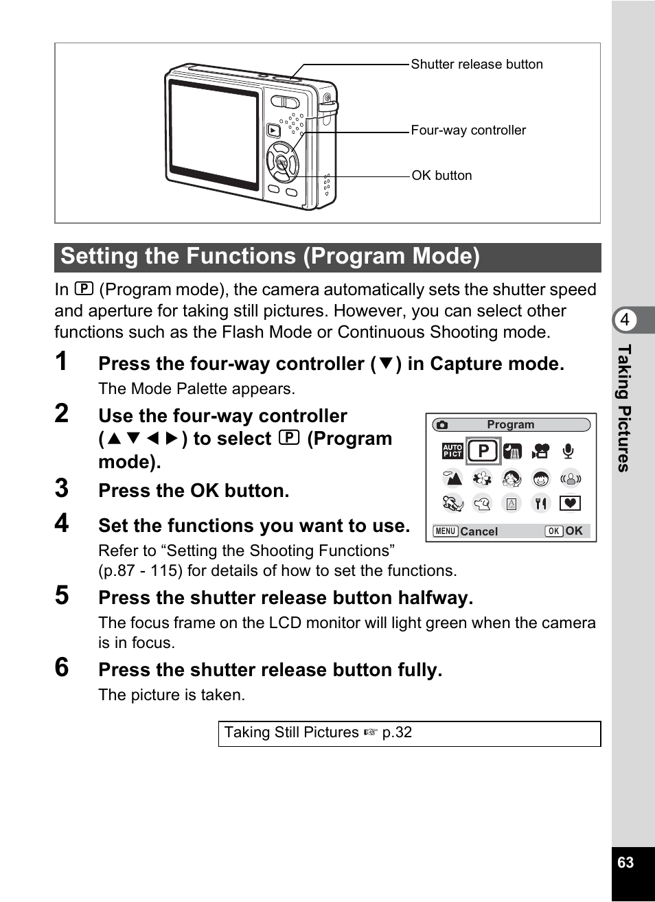 Setting the functions (program mode), P.63 | Pentax Optio S10 User Manual | Page 65 / 208