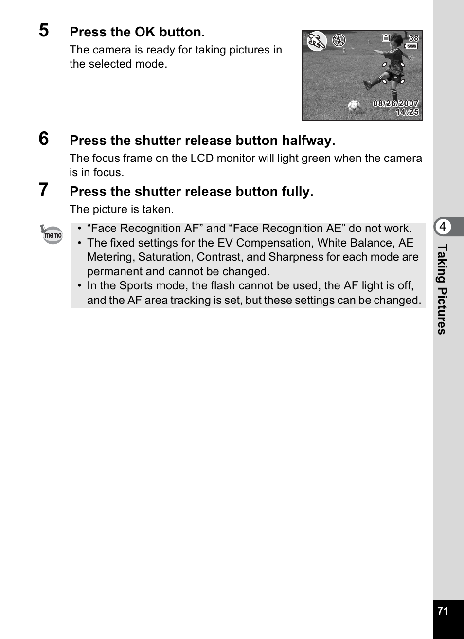 Press the ok button, Press the shutter release button halfway, Press the shutter release button fully | Pentax Optio S10 User Manual | Page 73 / 208