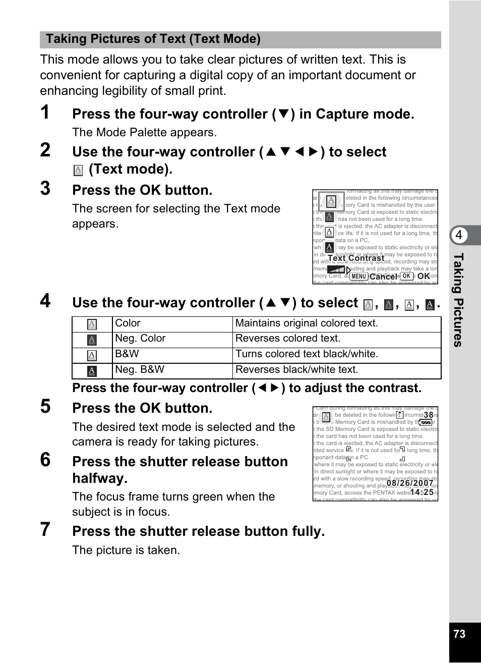 P.73), Press the ok button, Use the four-way controller ( 23 ) to select | Press the shutter release button halfway, Press the shutter release button fully | Pentax Optio S10 User Manual | Page 75 / 208