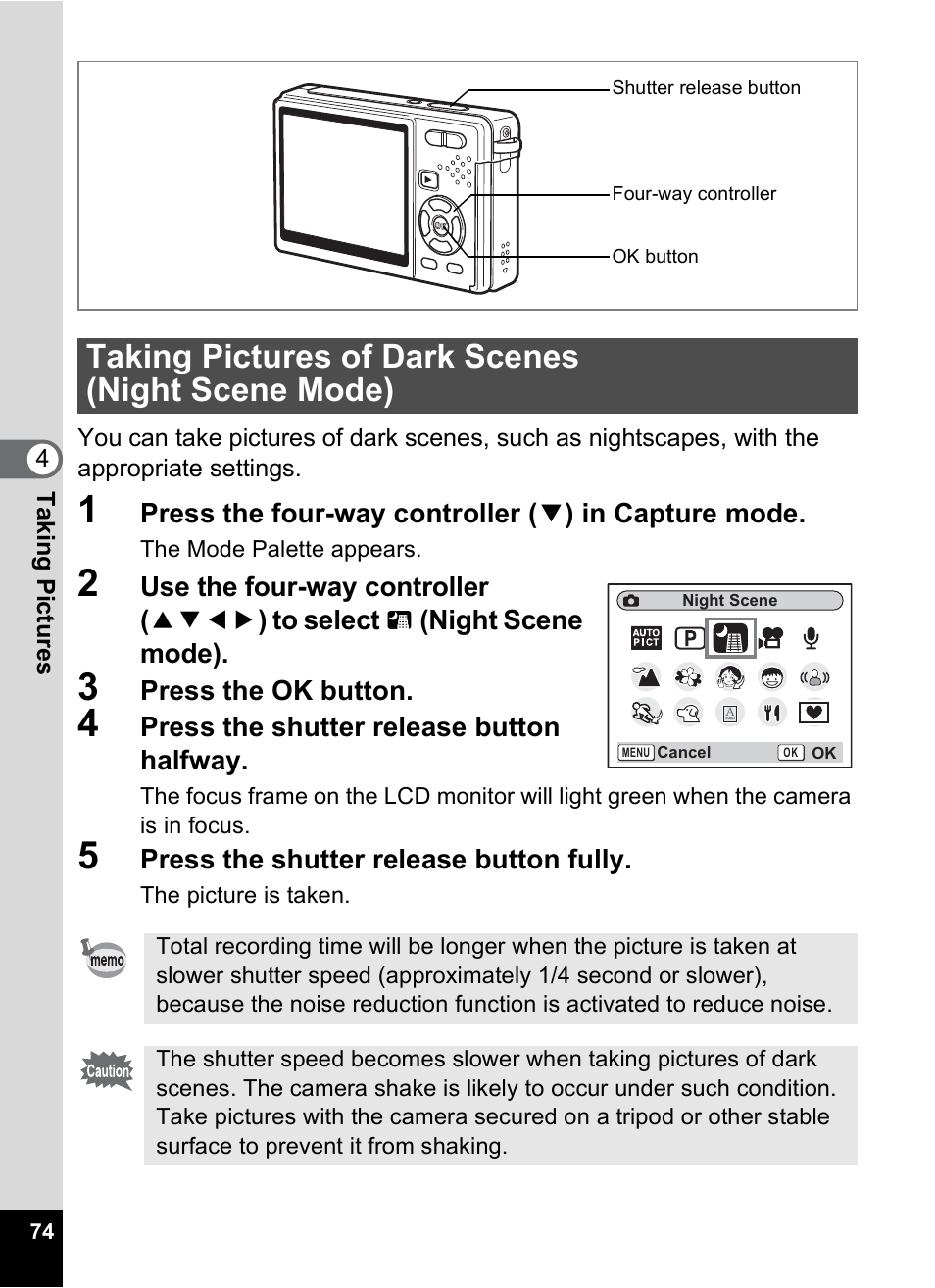 Taking pictures of dark scenes (night scene mode), P.74) | Pentax Optio S10 User Manual | Page 76 / 208