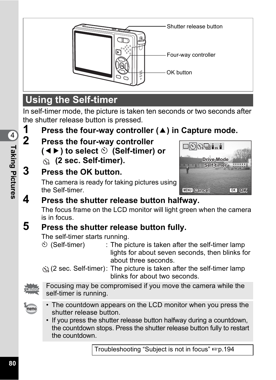 Using the self-timer, P.80), P.80 t | Press the ok button, Press the shutter release button halfway, Press the shutter release button fully | Pentax Optio S10 User Manual | Page 82 / 208