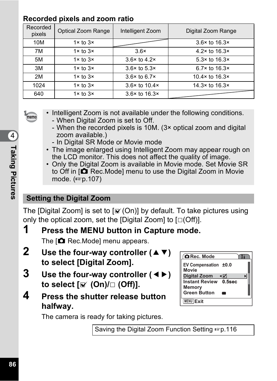 Press the menu button in capture mode, Press the shutter release button halfway | Pentax Optio S10 User Manual | Page 88 / 208