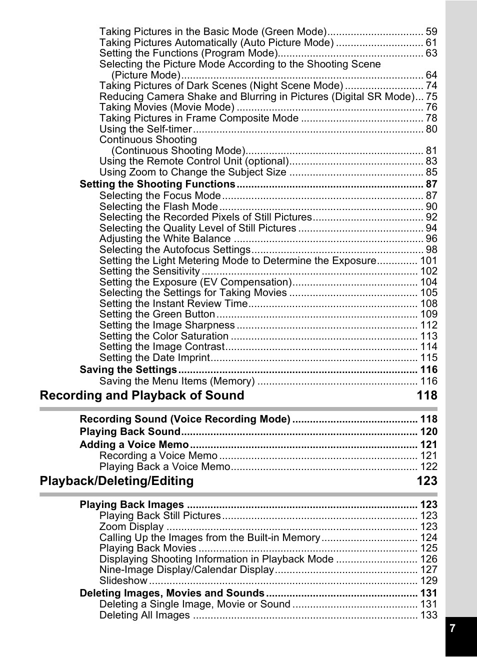 Recording and playback of sound 118, Playback/deleting/editing 123 | Pentax Optio S10 User Manual | Page 9 / 208