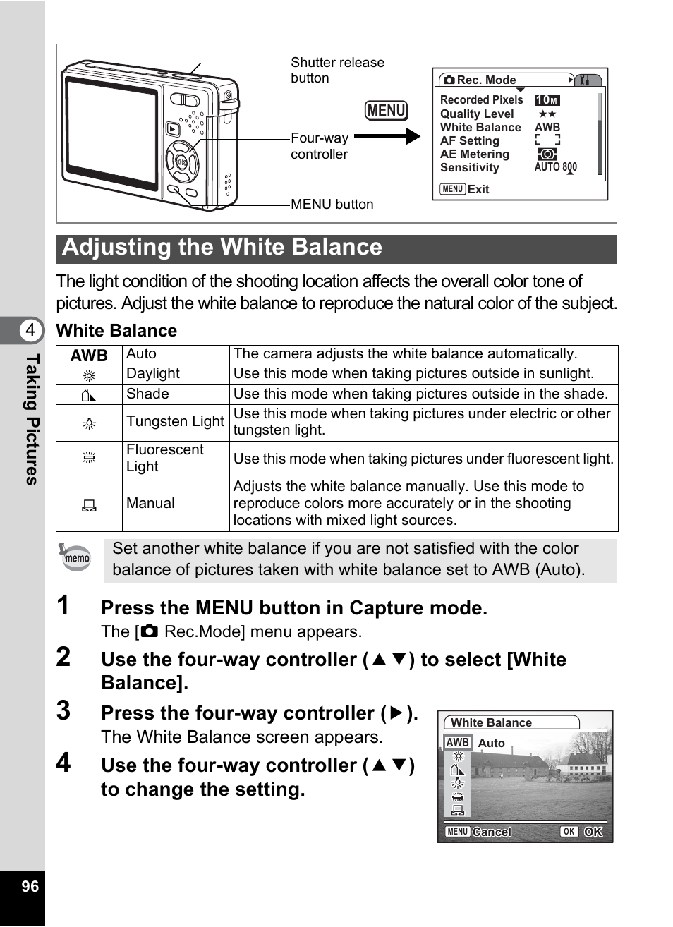Adjusting the white balance, P.96, Press the menu button in capture mode | Press the four-way controller ( 5 ), The white balance screen appears | Pentax Optio S10 User Manual | Page 98 / 208
