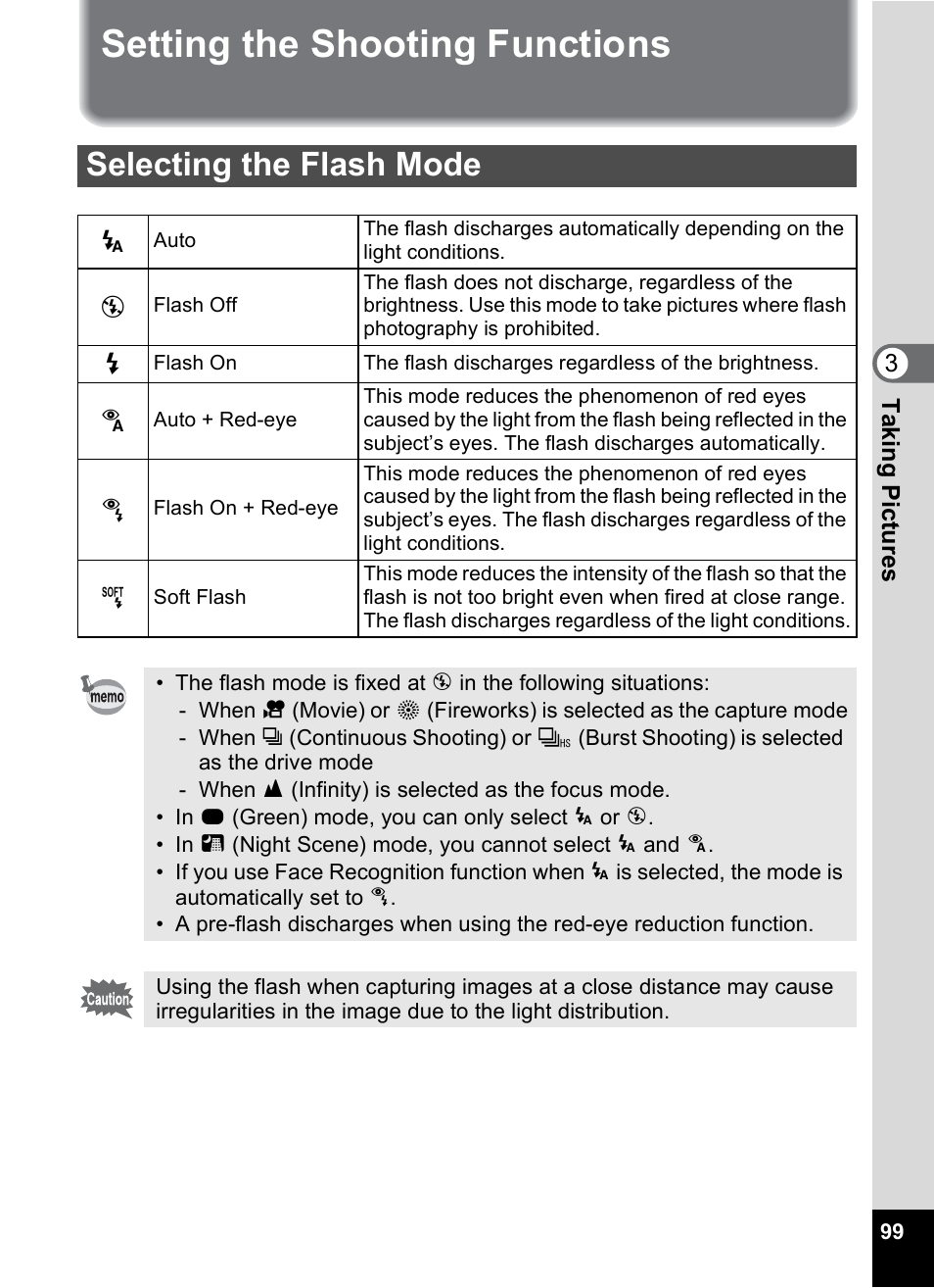 Setting the shooting functions, Selecting the flash mode, P.99) | Pentax Digtial Camera Optio P70 User Manual | Page 101 / 256