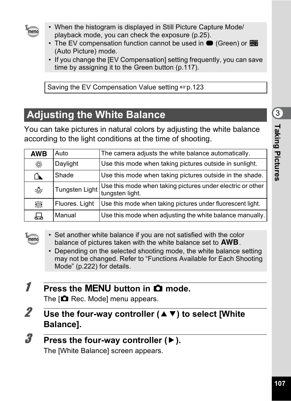 Adjusting the white balance, E (p.107, P.107 | Pentax Digtial Camera Optio P70 User Manual | Page 109 / 256