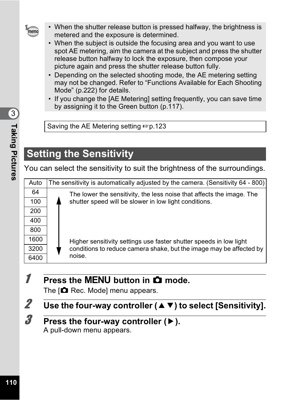 Setting the sensitivity, P.110), P.110 | Pentax Digtial Camera Optio P70 User Manual | Page 112 / 256