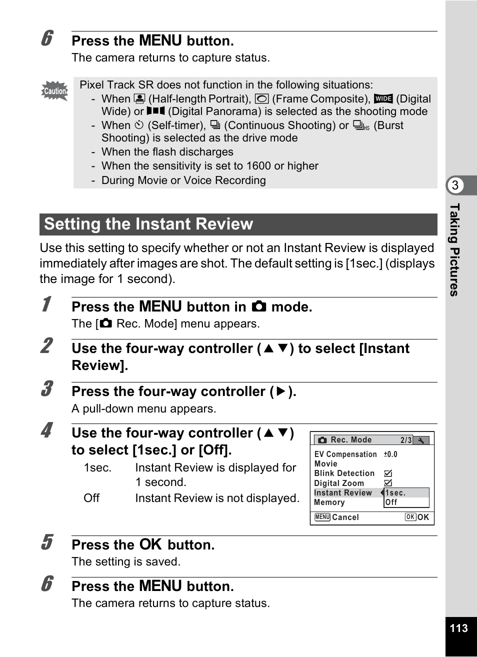 Setting the instant review, P.113, P.113) | Pentax Digtial Camera Optio P70 User Manual | Page 115 / 256