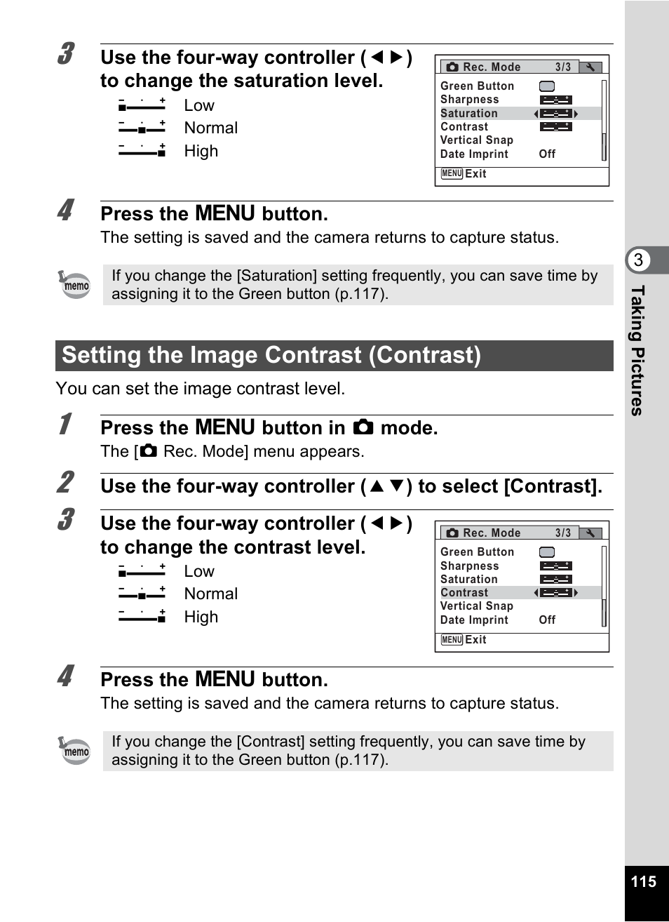 Setting the image contrast (contrast), P.115, Press the 3 button | Press the 3 button in a mode | Pentax Digtial Camera Optio P70 User Manual | Page 117 / 256