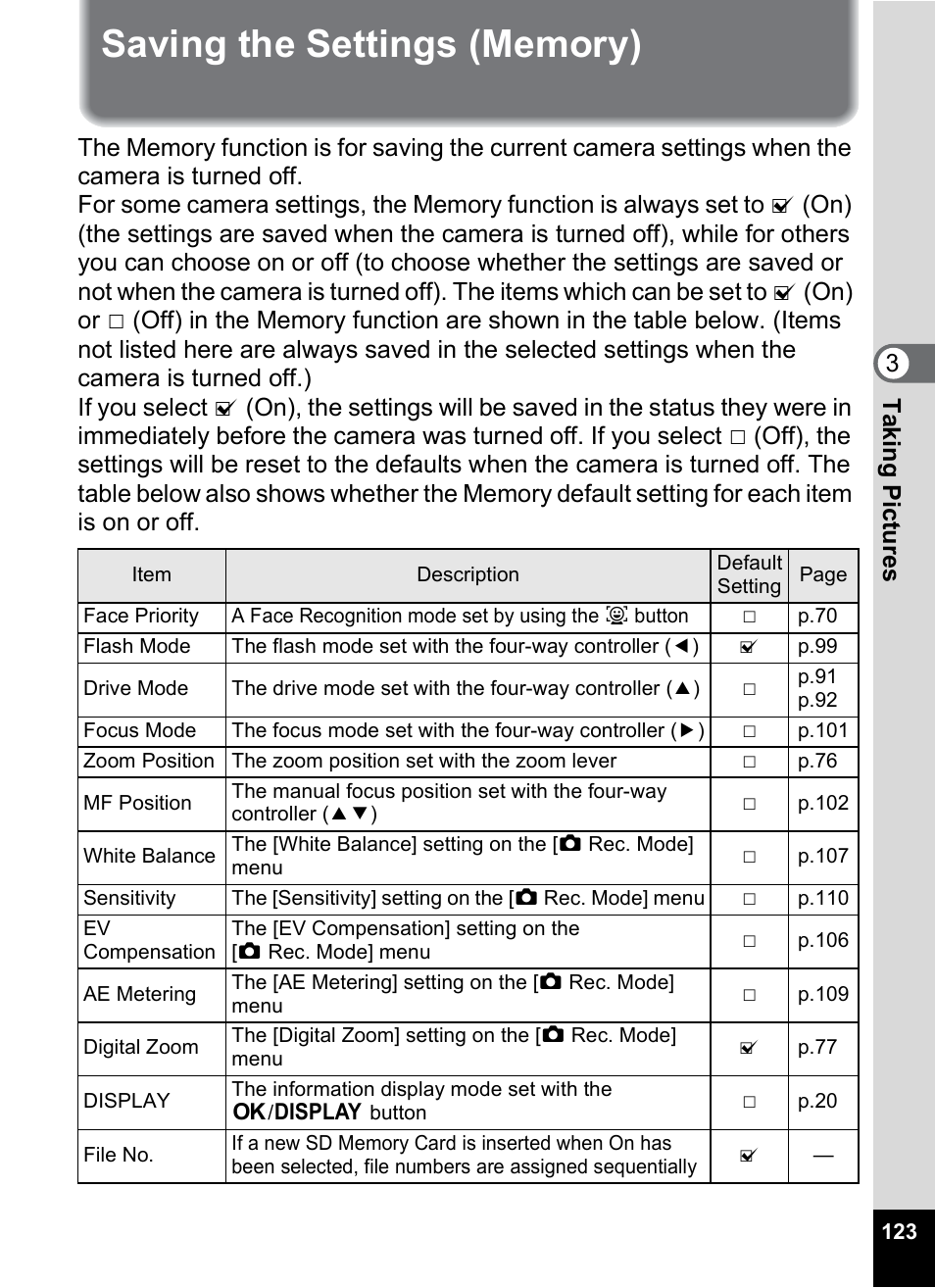 Saving the settings (memory), P.123, Saving the digital zoom function setting | Saving the ev compensation value setting, Saving the white balance setting, Saving the ae metering setting, 3ta king pict ures | Pentax Digtial Camera Optio P70 User Manual | Page 125 / 256