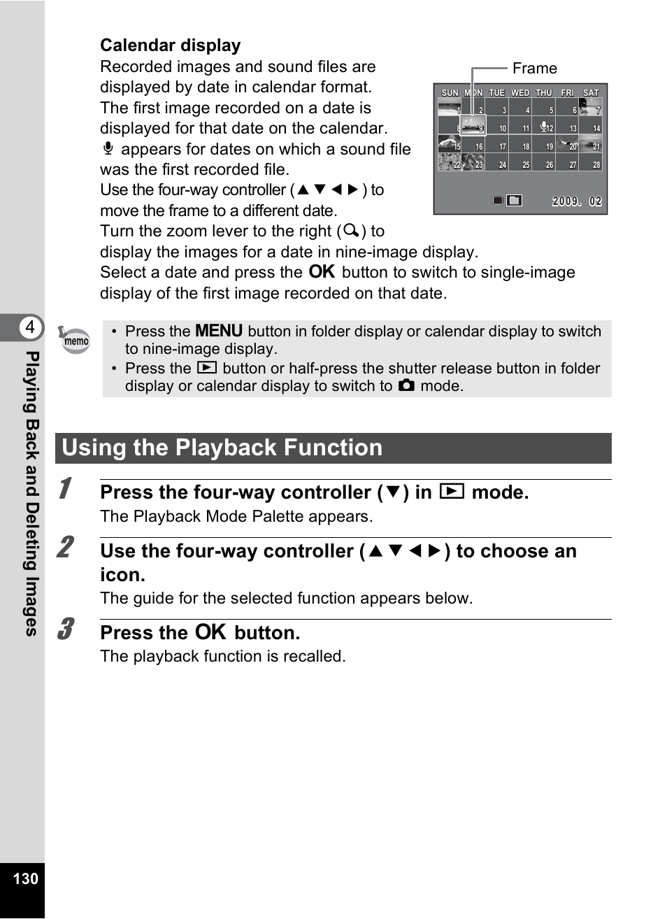 Using the playback function, De (p.130, p.15, P.130) | P.130, Press the four-way controller ( 3 ) in q mode, Press the 4 button, The playback mode palette appears, The guide for the selected function appears below, The playback function is recalled, Frame | Pentax Digtial Camera Optio P70 User Manual | Page 132 / 256