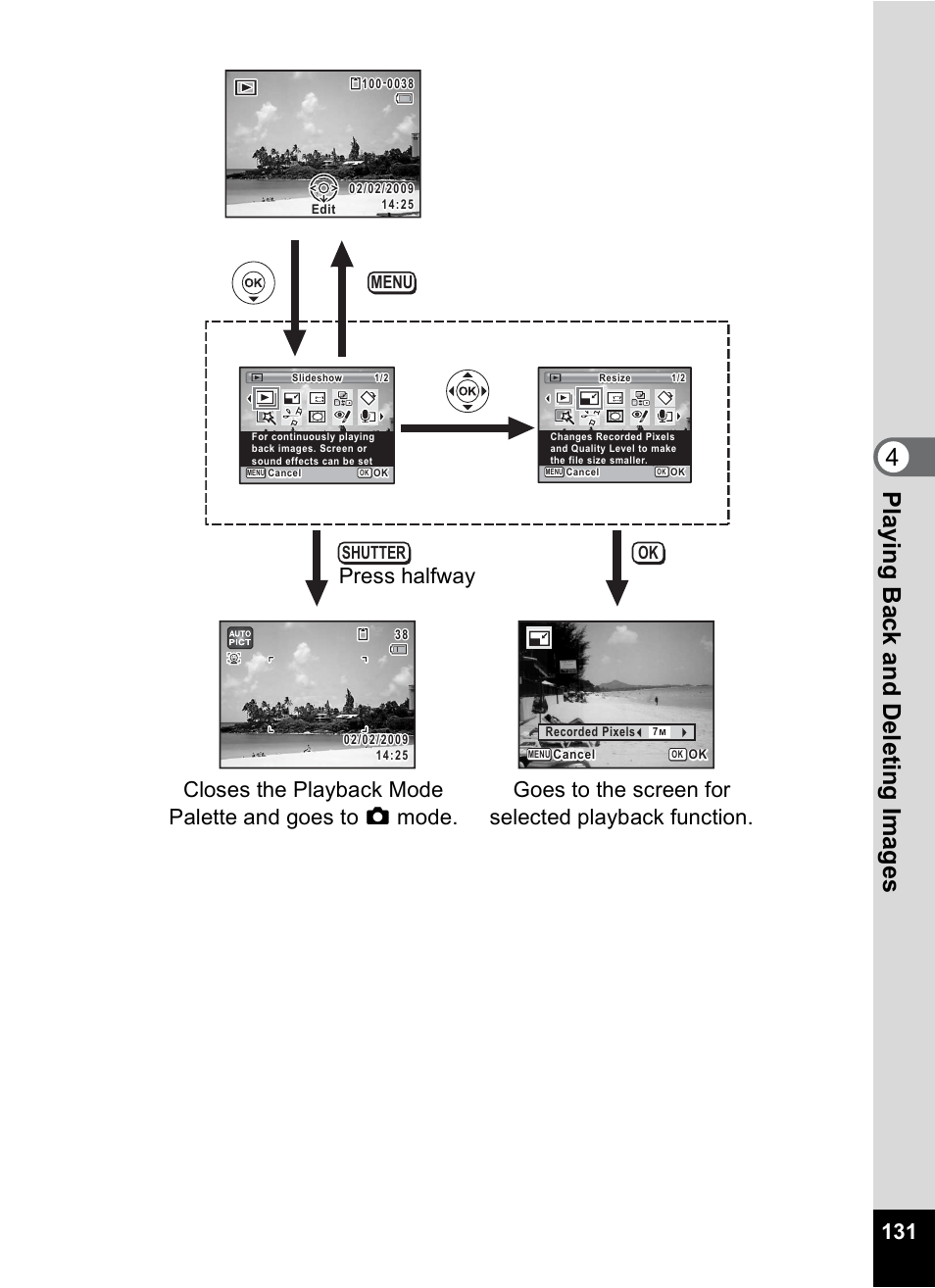 4play ing ba ck and deleti ng im age s, Ok menu shutter | Pentax Digtial Camera Optio P70 User Manual | Page 133 / 256