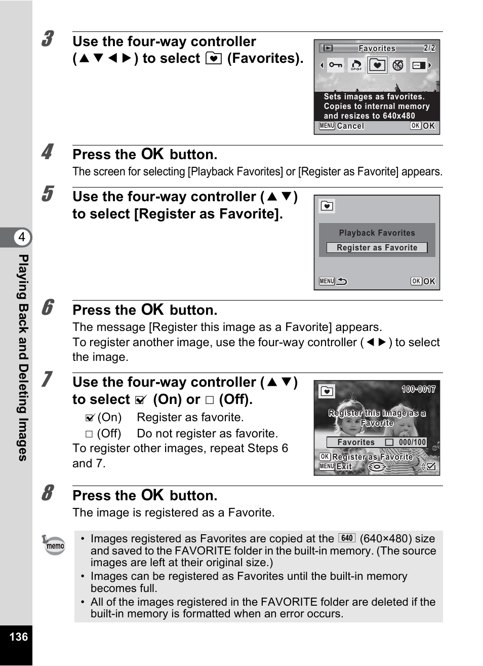 Press the 4 button, 4play ing ba ck and deleti ng im age s | Pentax Digtial Camera Optio P70 User Manual | Page 138 / 256