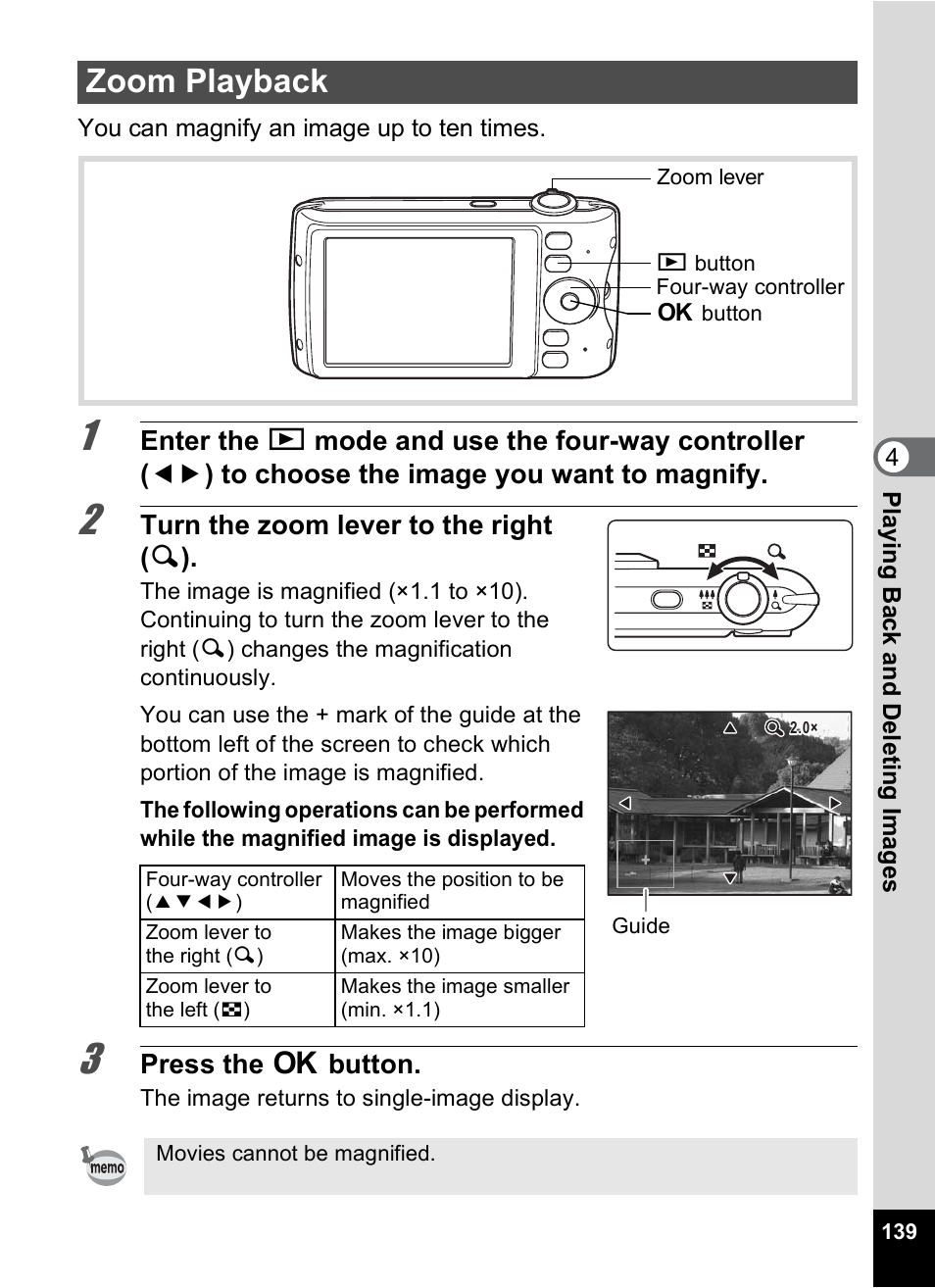 Zoom playback, P.139, P.139) | Pentax Digtial Camera Optio P70 User Manual | Page 141 / 256