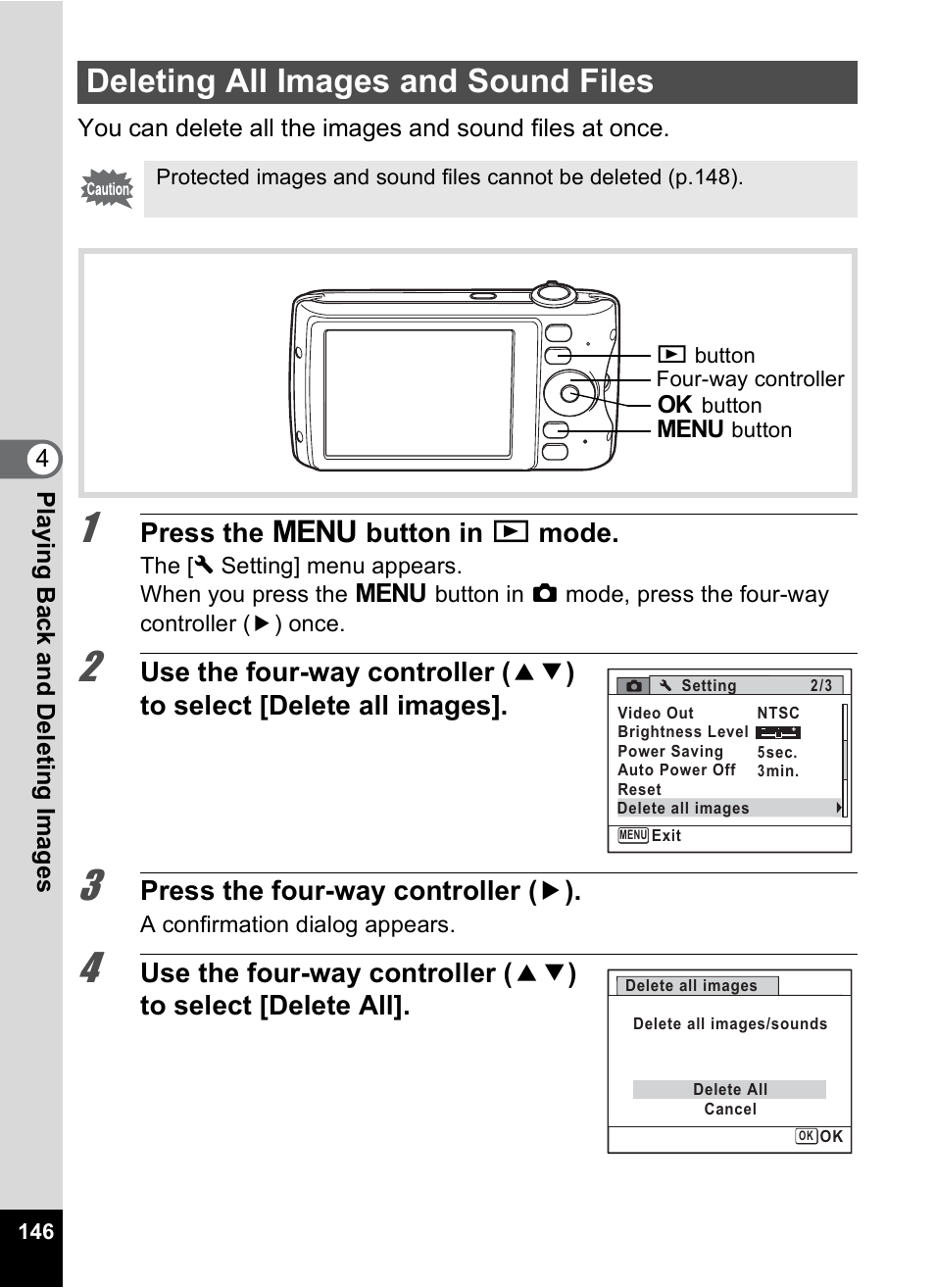 Deleting all images and sound files, P.146, Press the 3 button in q mode | Press the four-way controller ( 5 ) | Pentax Digtial Camera Optio P70 User Manual | Page 148 / 256