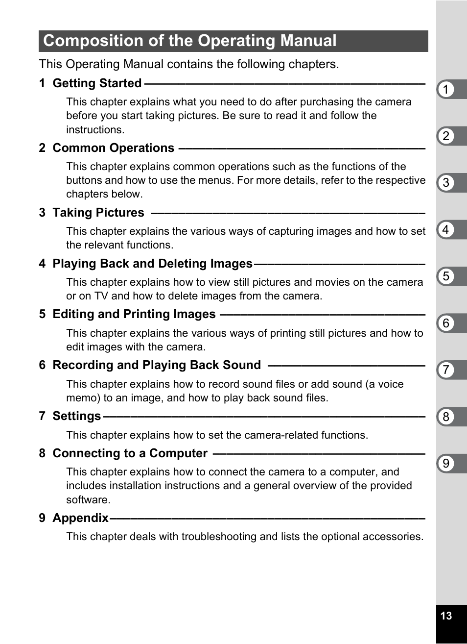 Composition of the operating manual | Pentax Digtial Camera Optio P70 User Manual | Page 15 / 256