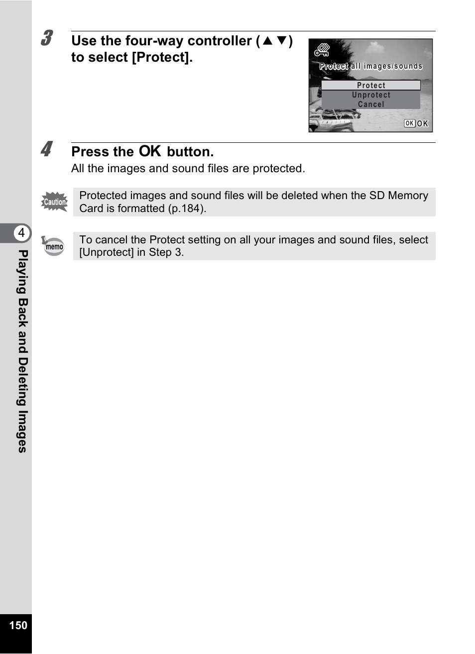 Press the 4 button | Pentax Digtial Camera Optio P70 User Manual | Page 152 / 256