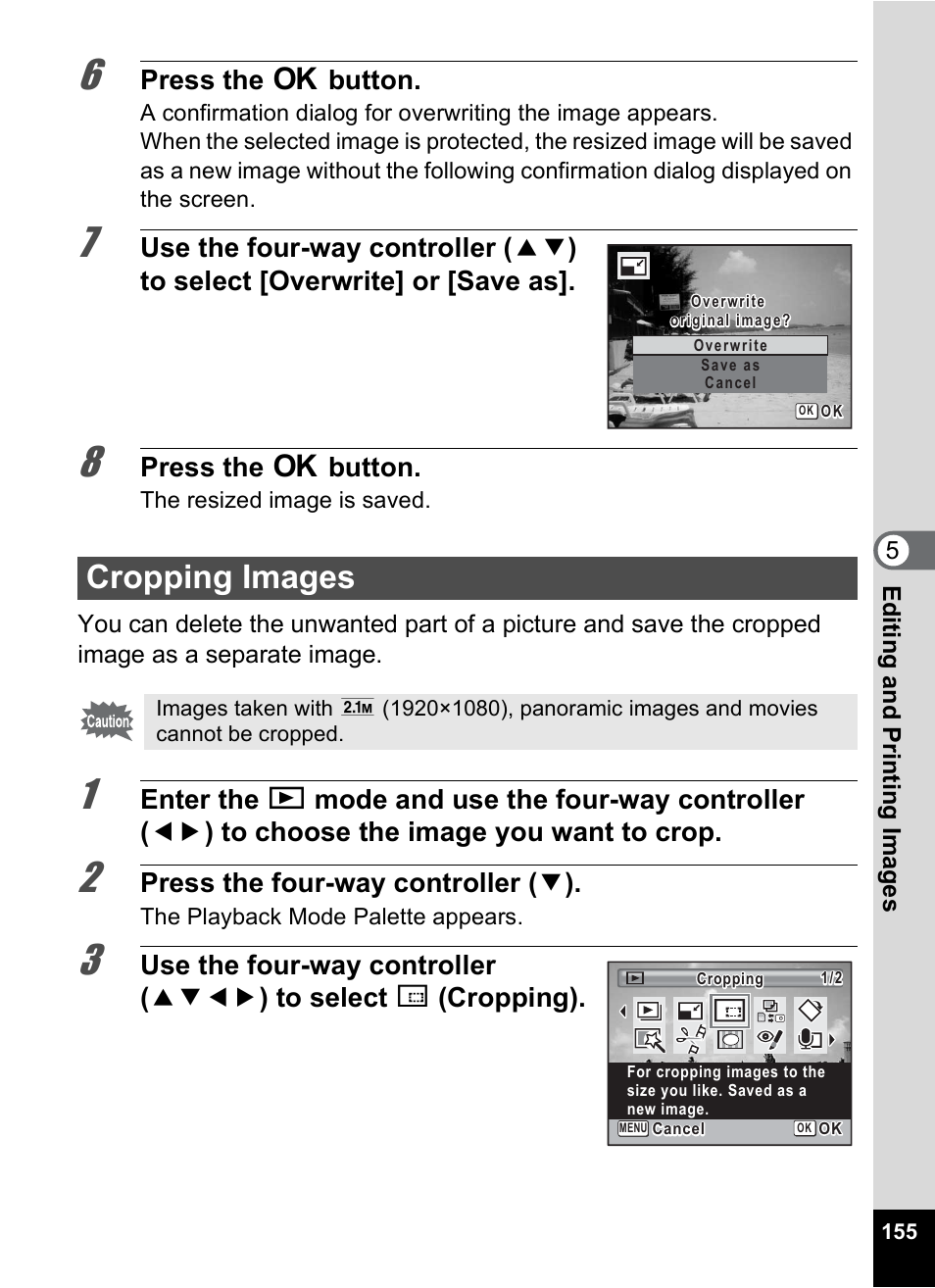 Cropping images, Ng (p.155, P.155 | Press the 4 button, Press the four-way controller ( 3 ) | Pentax Digtial Camera Optio P70 User Manual | Page 157 / 256