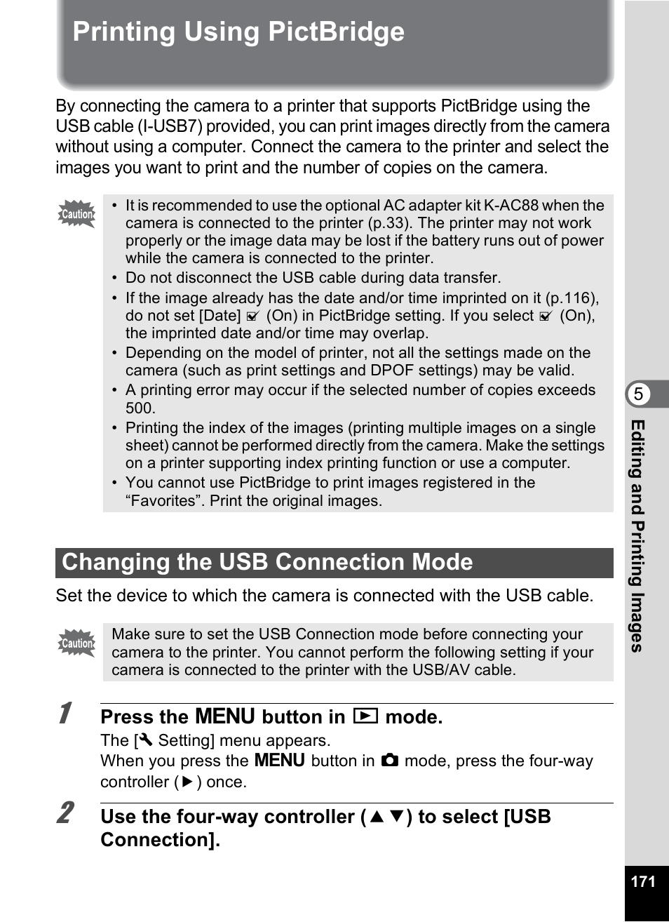 Printing using pictbridge, Changing the usb connection mode, P.171 | Pentax Digtial Camera Optio P70 User Manual | Page 173 / 256