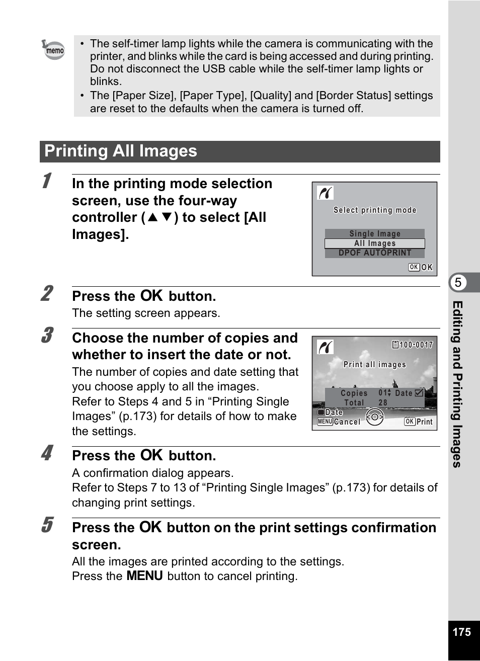 Printing all images, Press the 4 button, 5edi ting and pr in ting ima g es | Pentax Digtial Camera Optio P70 User Manual | Page 177 / 256