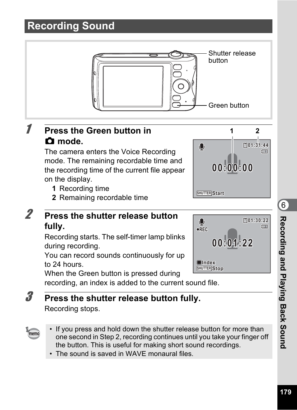 Recording sound, P.179 | Pentax Digtial Camera Optio P70 User Manual | Page 181 / 256