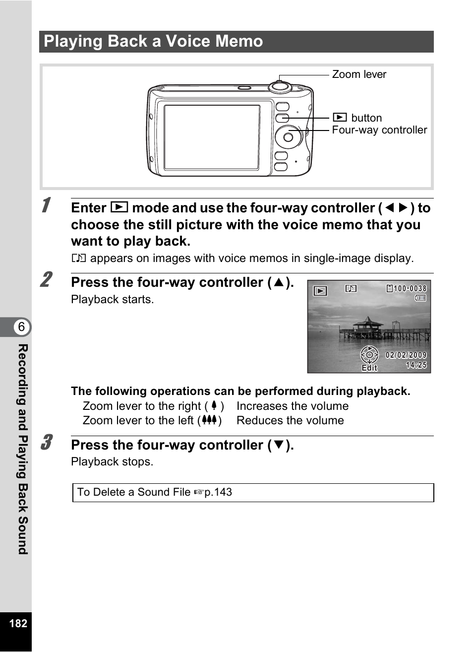 Playing back a voice memo, P.182), Press the four-way controller ( 2 ) | Press the four-way controller ( 3 ) | Pentax Digtial Camera Optio P70 User Manual | Page 184 / 256