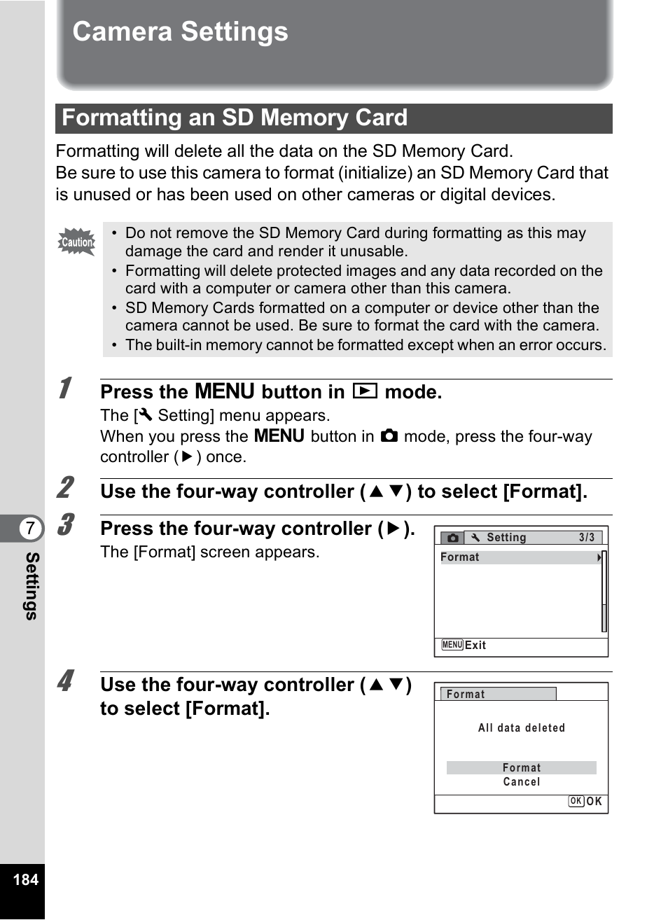 Camera settings, Formatting an sd memory card, P.184 | Press the 3 button in q mode, Press the four-way controller ( 5 ) | Pentax Digtial Camera Optio P70 User Manual | Page 186 / 256
