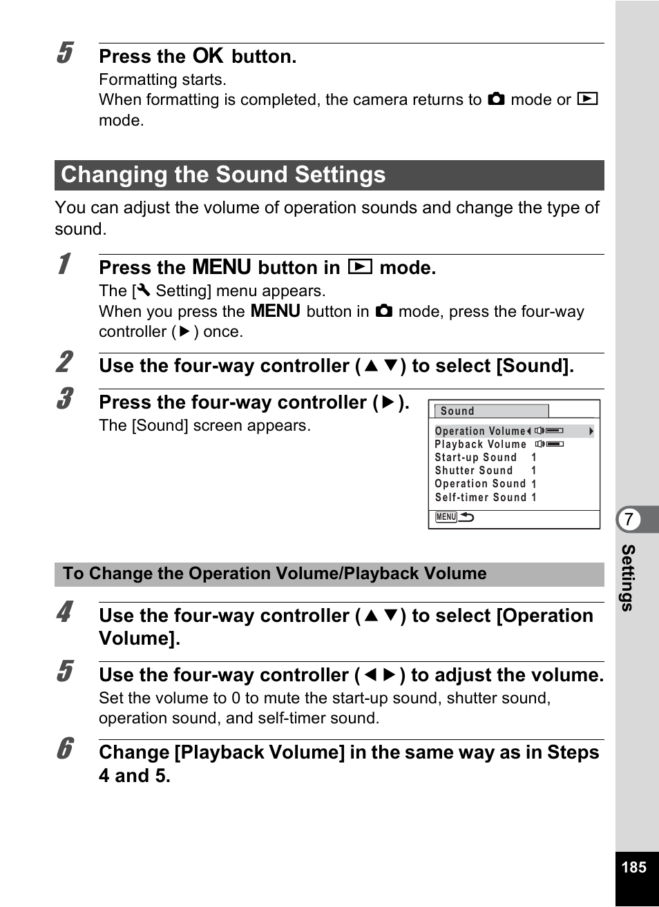 Changing the sound settings, P.185 | Pentax Digtial Camera Optio P70 User Manual | Page 187 / 256